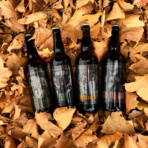Vander Mill's four cysers laying in a bed of autum leaves
